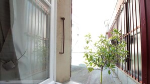 Un étroit couloir extérieur, avec une fenêtre sur la gauche, un petit arbre au centre et une clôture métallique sur la droite.