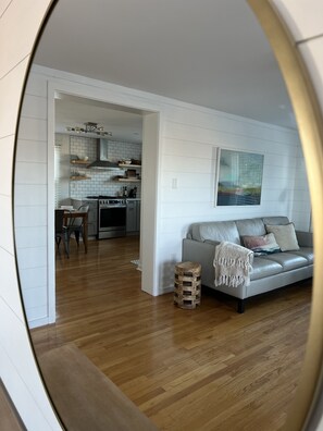 Smart TV, fireplace, books