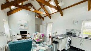 Una cocina moderna con lavadora integrada, un comedor con sofá y un televisor en la sala.