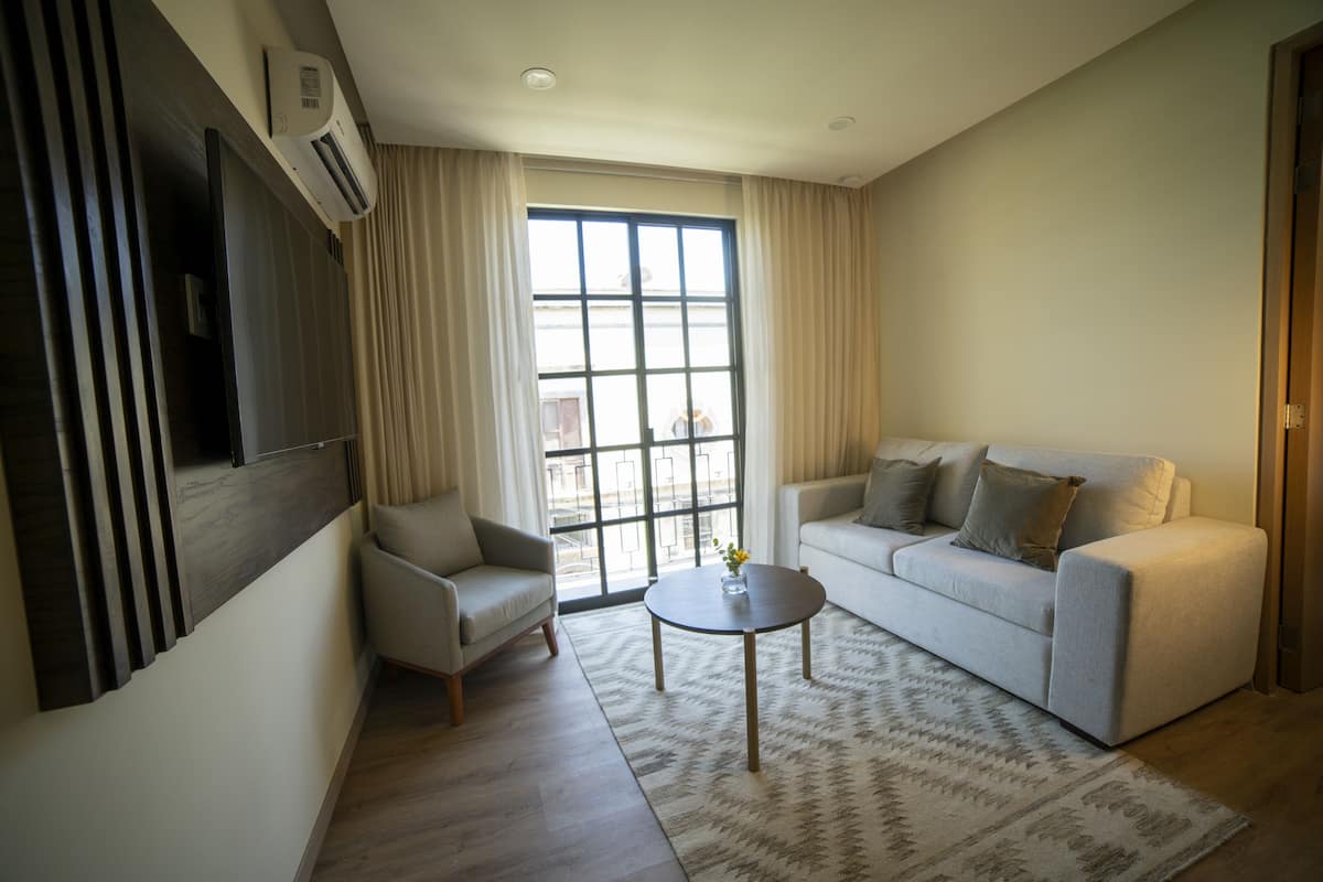 Una sala de estar moderna con un sofá, un sillón y una mesa de centro.