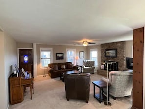 TV connectée, cheminée, lecteur de DVD, livres