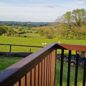 A scenic view from a wooden deck overlooking a green field with sheep grazing, surrounded by rolling hills and trees. - The Rock Self Catering Holiday Accommodation (Coleford)