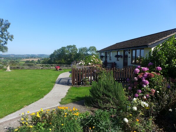 A rural house with a garden path leading to the entrance, surrounded by lush greenery and flowering plants. - The Rock Self Catering Holiday Accommodation (Coleford)