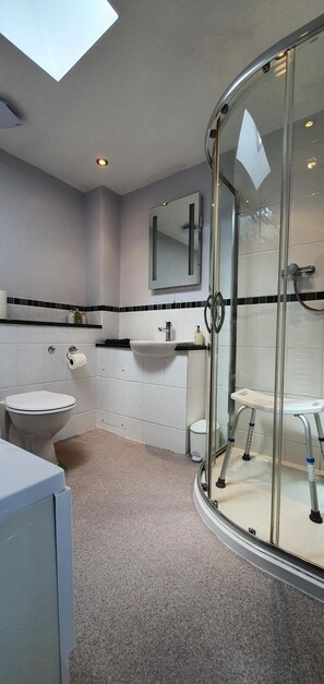 A modern bathroom with a glass-enclosed shower, a white sink, and a toilet. - The Rock Self Catering Holiday Accommodation (Coleford)