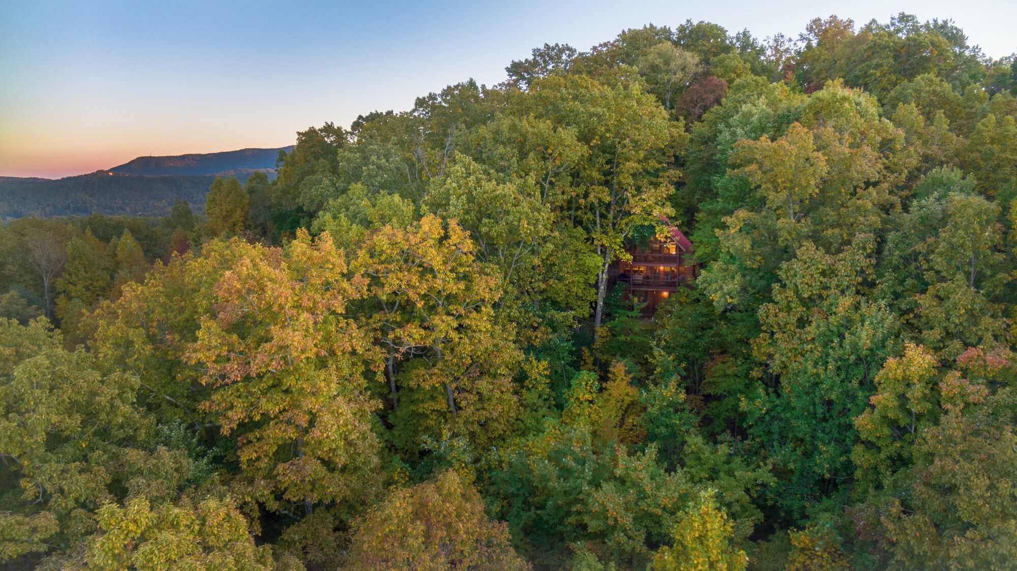 Une cabane entourée d’une forêt dense, avec vue sur des collines lointaines.