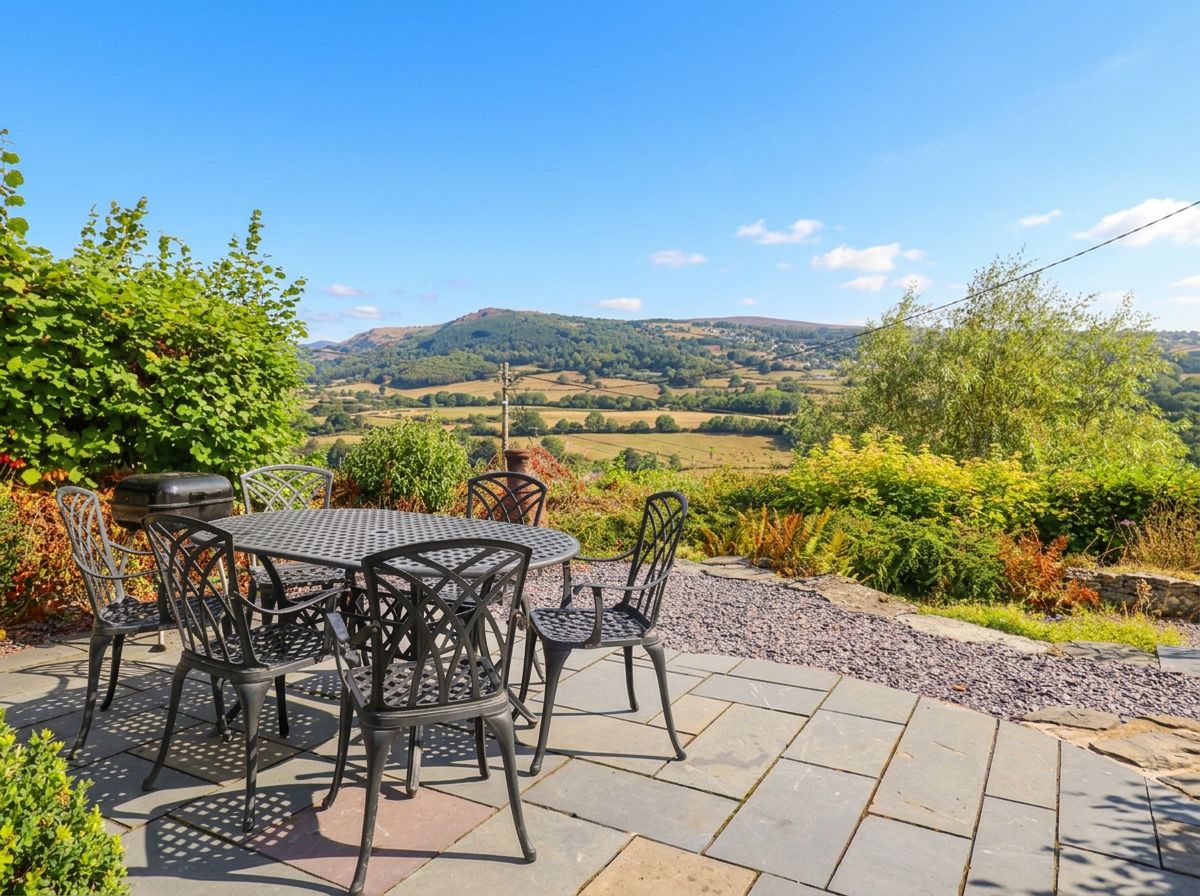 Un patio exterior con una mesa y sillas, rodeado de follaje y vistas a colinas onduladas.