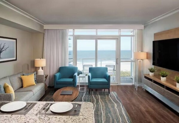 Living area - Ocean Enclave by Hilton, 1 bedrm, ocean view Myrtle Beach, Aug 11-18, 2023 (Myrtle Beach)