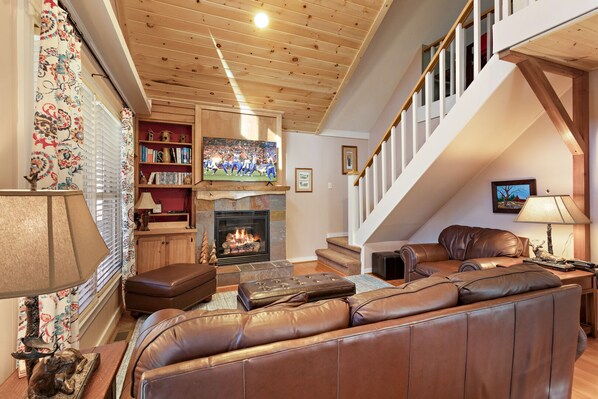 Smart TV, chimenea, reproductor de DVD y libros 