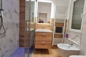 Shower, hair dryer, bidet, towels