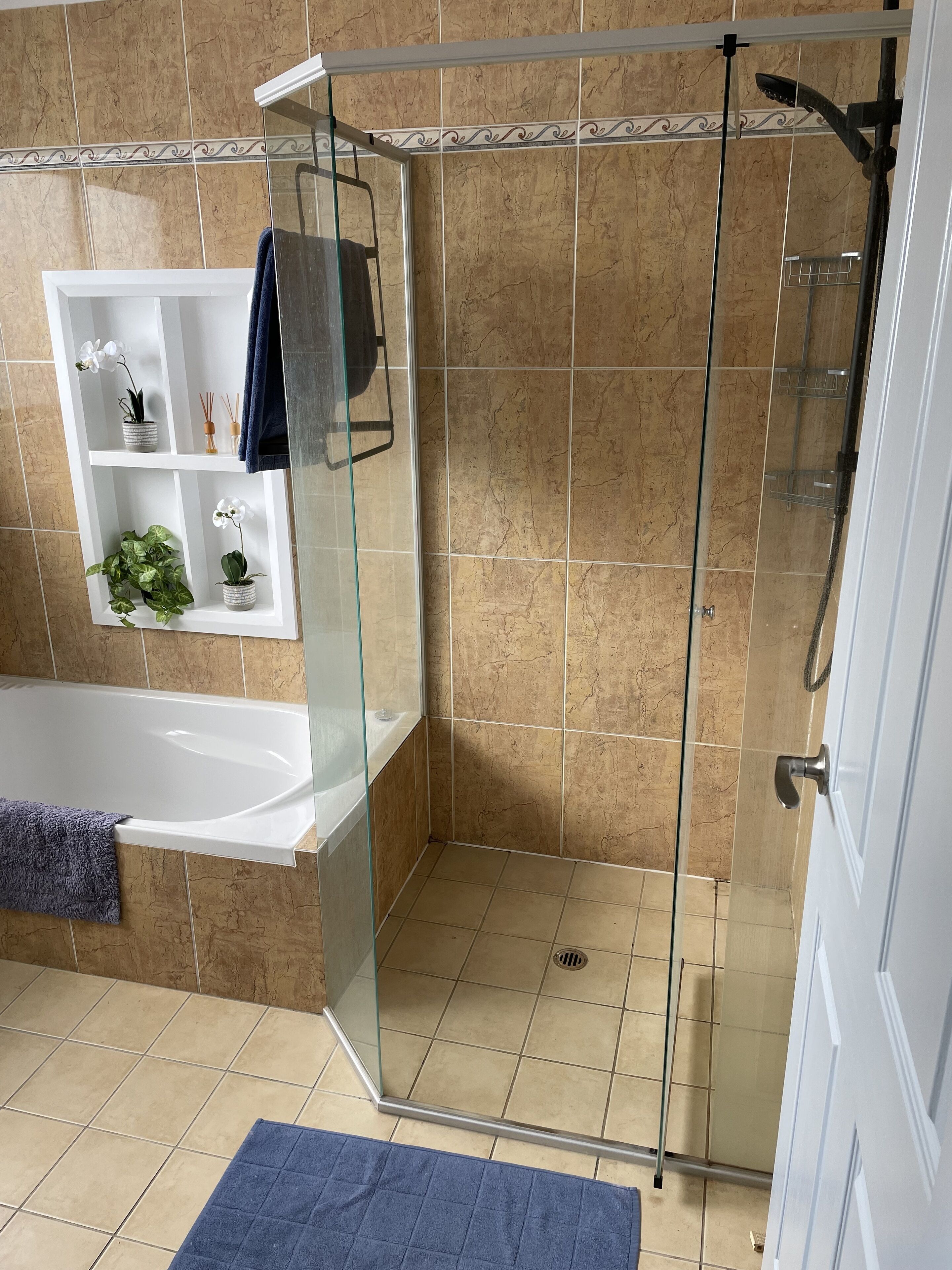 A bathroom with a glass-enclosed shower, a white bathtub, and a shelf with plants and toiletries.