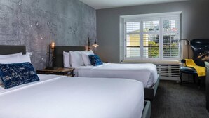 A hotel room with two beds, a large window with blinds, a chair, and a desk. - Marriott Vacation Club Pulse, SF (San Francisco)