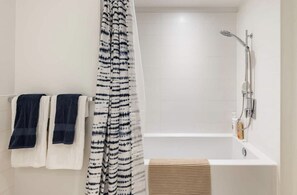 Hair dryer, towels, soap, shampoo