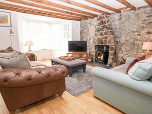 A cozy living room with a stone fireplace, leather sofas, and a television. - Arwel (Pwllheli)