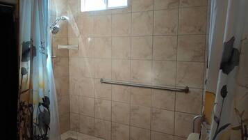 Shower, hair dryer, towels