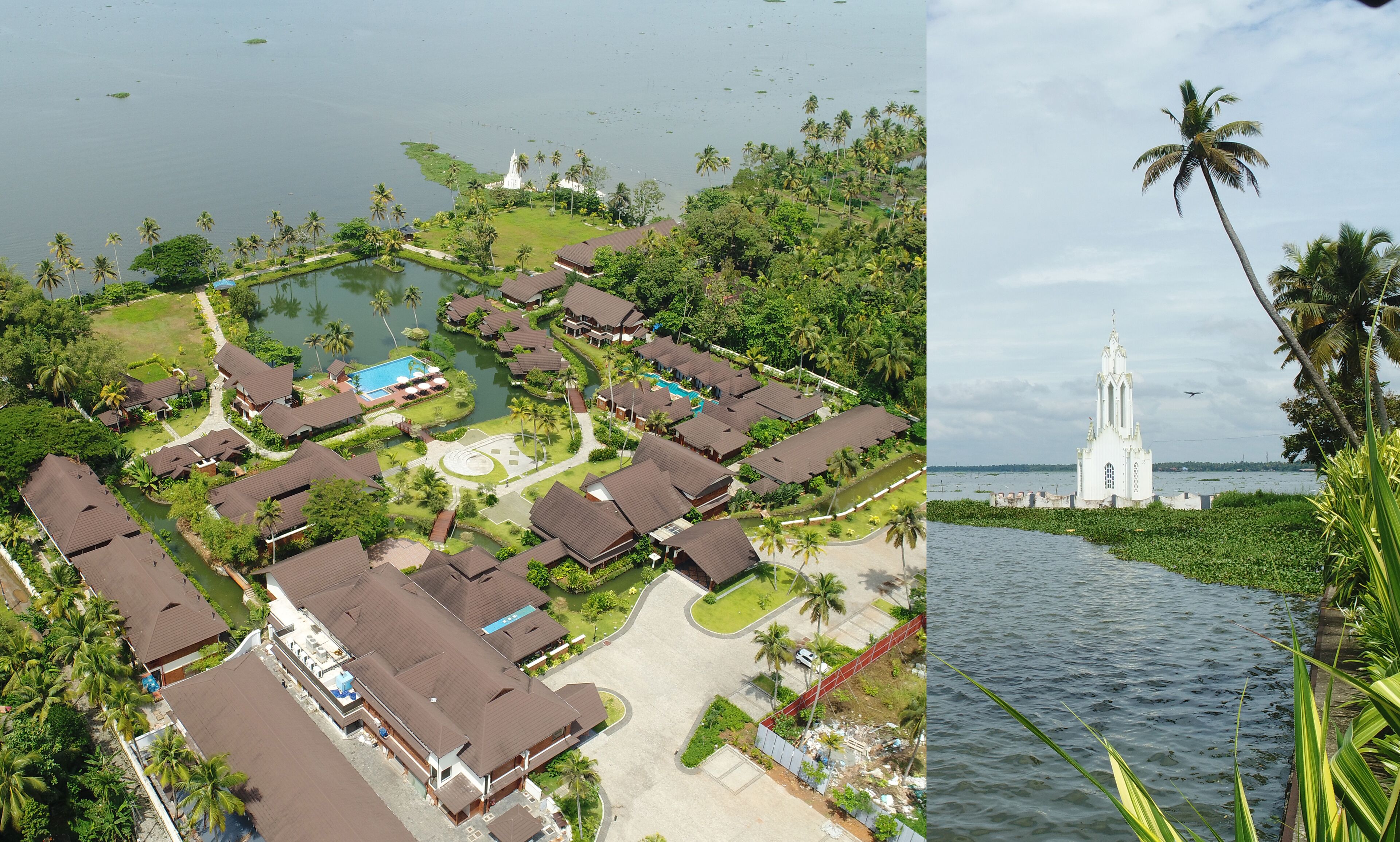 Vista aérea de un resort con varias construcciones tipo bungalow, una piscina central e iglesia.