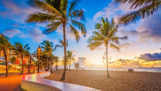 A beach with palm trees, a lifeguard tower, and a curved walkway. - 10 BEDS, 4 BATHS, Sleep 16 in the most Prime Location in Miami!  (Miami)