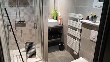 Ducha, secador de pelo, toallas y papel higiénico