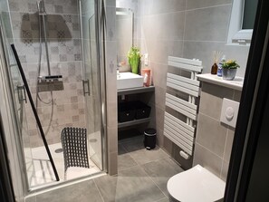Shower, hair dryer, towels, toilet paper