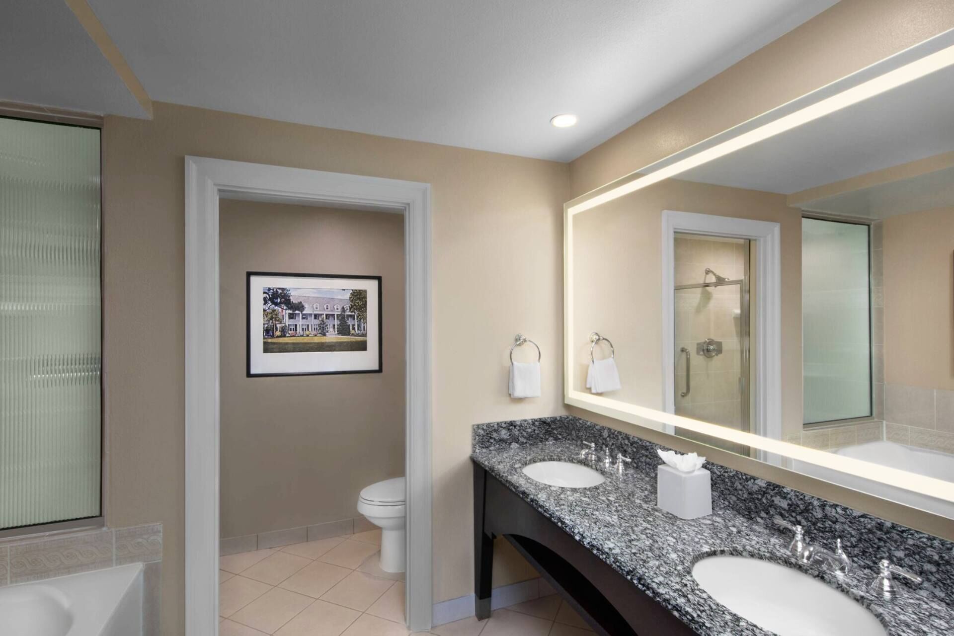 A modern bathroom with a large mirror, two sinks, and a framed picture on the wall.
