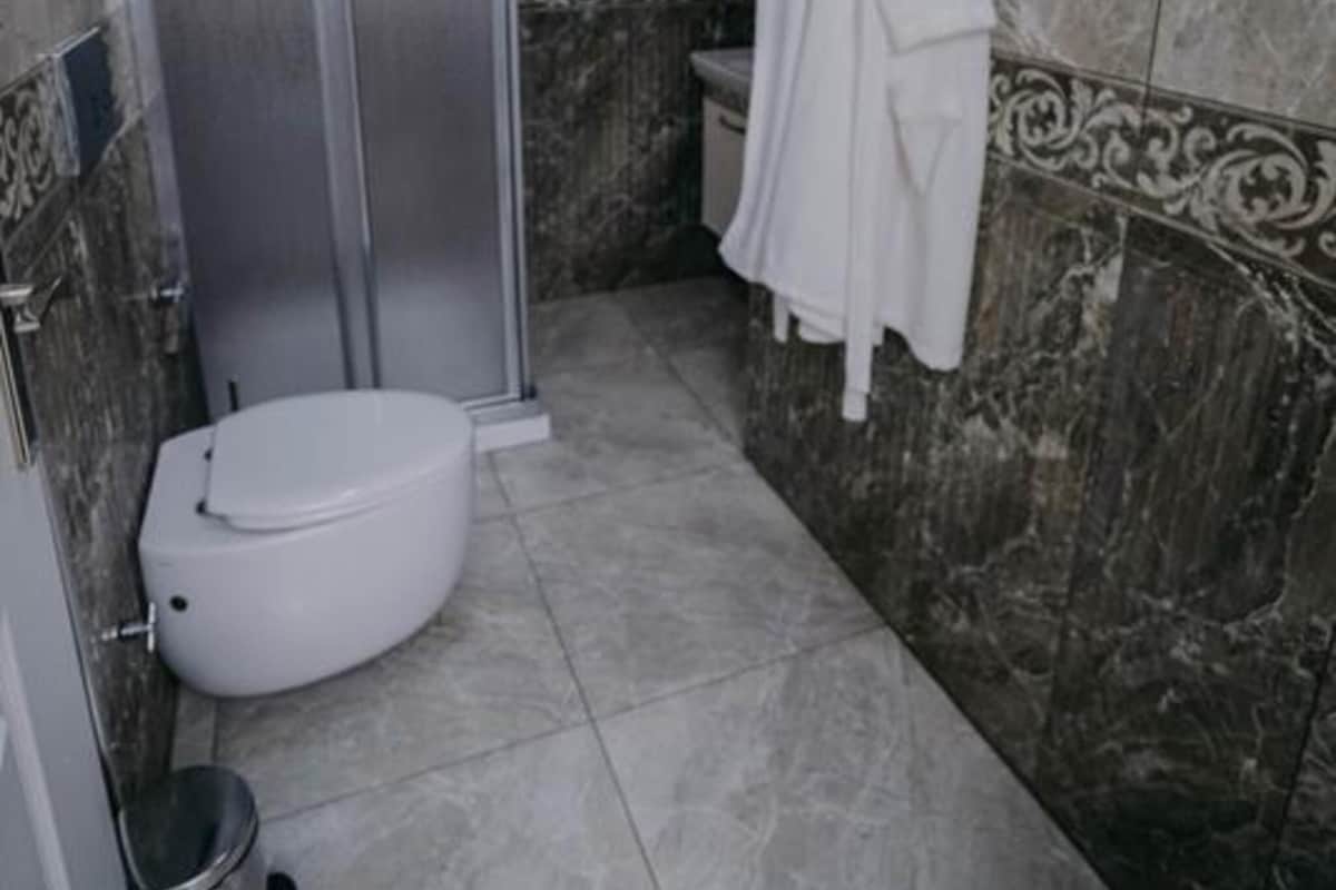 A bathroom with a toilet, a shower, and a robe hanging on the wall.