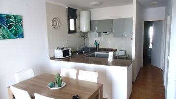 Fridge, microwave, coffee/tea maker, cookware/dishes/utensils