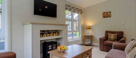 A living room with a fireplace, television, and seating area.