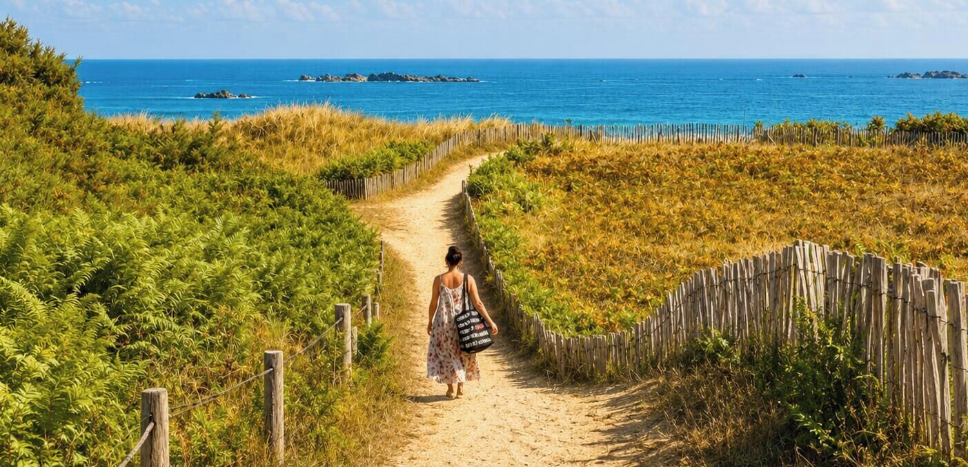 A pathway leading to a beach with a wooden fence on one side and dense vegetation on the other.