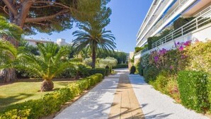 Un sendero bordeado por abundante vegetación y un edificio moderno con balcones.