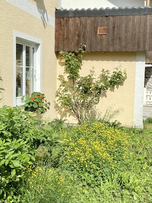 Un bâtiment doté d’une fenêtre, d’une porte en bois et d’une plaque fixée au mur.