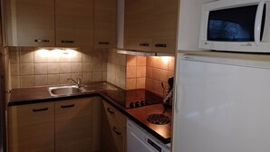 A compact kitchen with wooden cabinets, a stainless steel sink, a microwave, and a dishwasher. - Brides-les-Bains: 3-Room Apartment, Parking, Pets Allowed, Wifi (Brides-les-Bains)