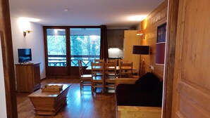 A wooden interior with a TV, wooden furniture, a sofa, and a view through large windows. - Brides-les-Bains: 3-Room Apartment, Parking, Pets Allowed, Wifi (Brides-les-Bains)