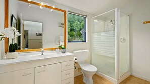 Shower, hair dryer, towels
