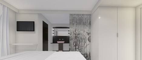 A modern bedroom with a bed, a vanity with a mirror, and a wardrobe.