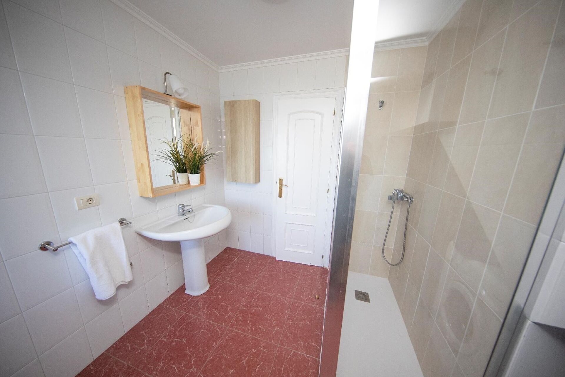 A bathroom with a white sink, a mirror, a towel rack, a shower, and a door.