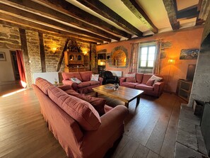 TV connectée, cheminée, lecteur de DVD, baby-foot