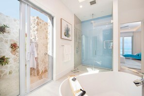 Shower, rainfall showerhead, hair dryer, towels - Sun Rays by Grand Cayman Villas (Cayman Kai)