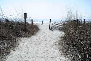 Um caminho de areia que leva ao oceano, ladeado por gramíneas altas e cercas de madeira.