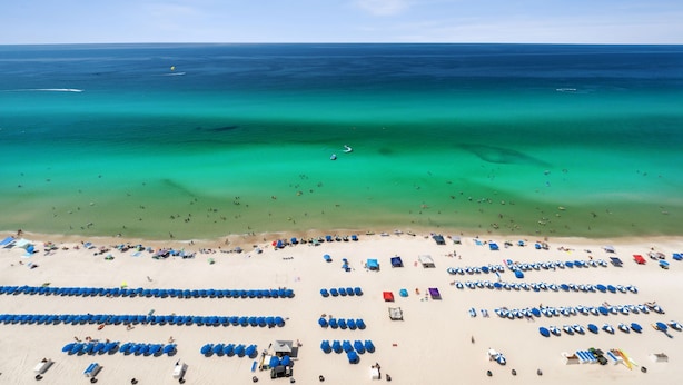 Una playa con hileras de sillas azules y sombrillas, una orilla arenosa y el océano al fondo.