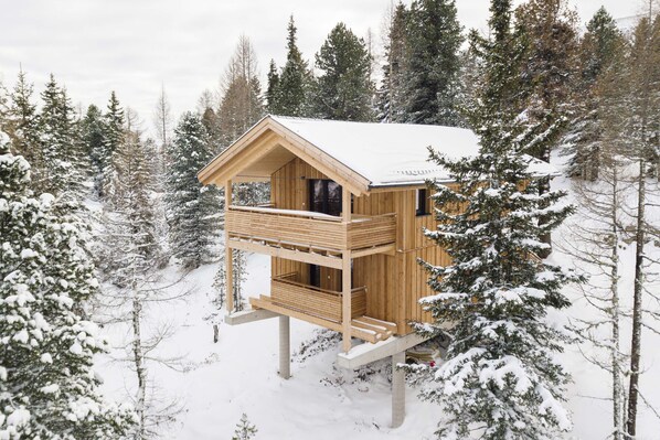 A wooden cabin with a balcony, surrounded by snow-covered trees. - Superior Chalet with whirlpool bath (Turrach)