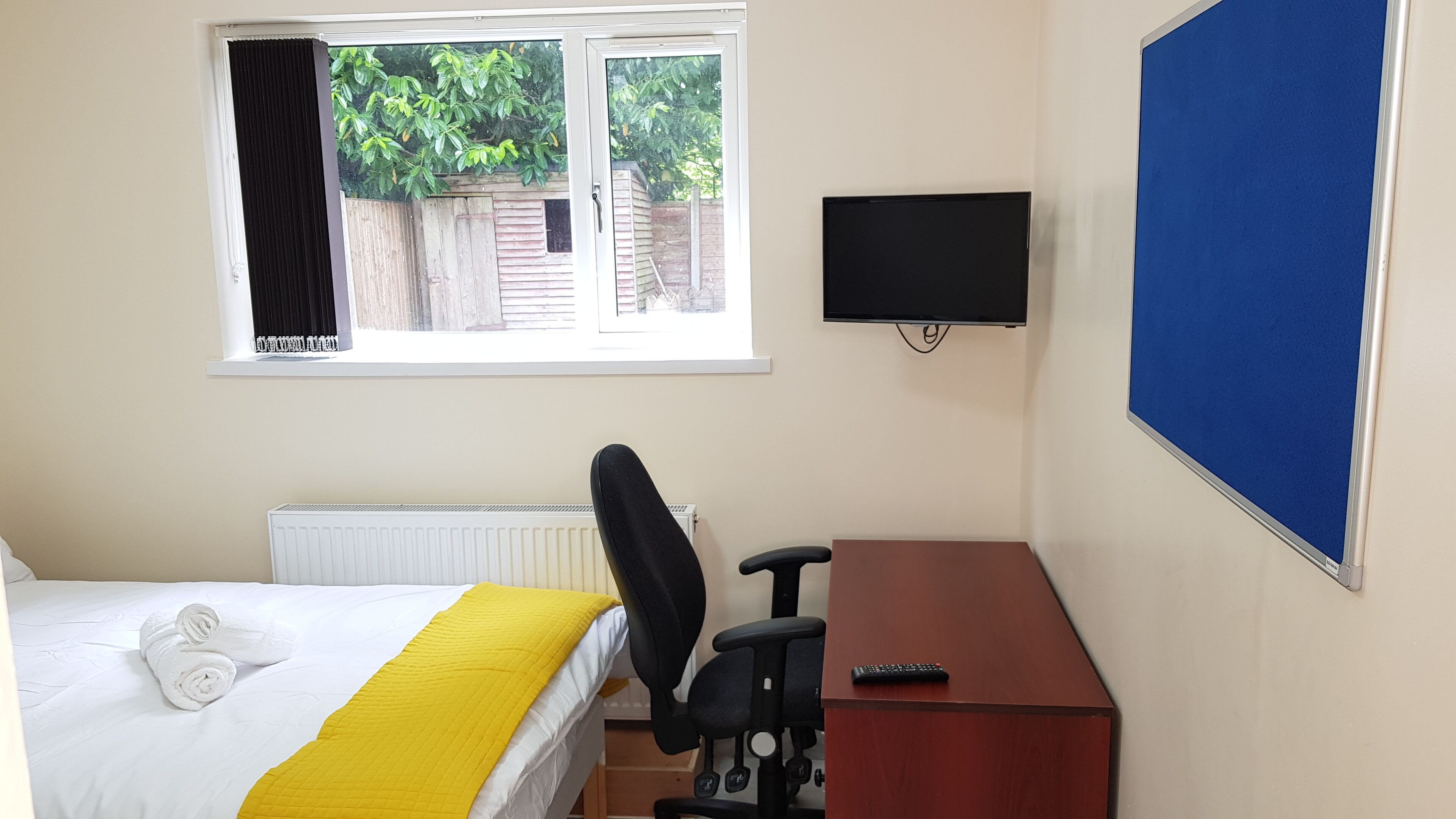 A hotel room with a bed, a desk, a chair, a TV, and a window with a view of greenery outside.
