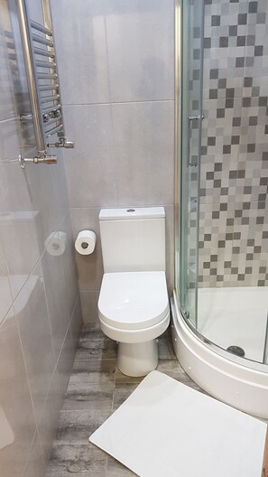 A modern bathroom with a toilet, a glass shower enclosure, and a tiled shower wall. - Kunda House Bournbrook (Birmingham)