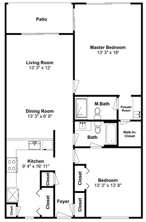 Ein Grundriss eines Hauses mit Terrasse, Hauptschlafzimmer, Wohnzimmer, Esszimmer, Küche und zwei Schlafzimmern.