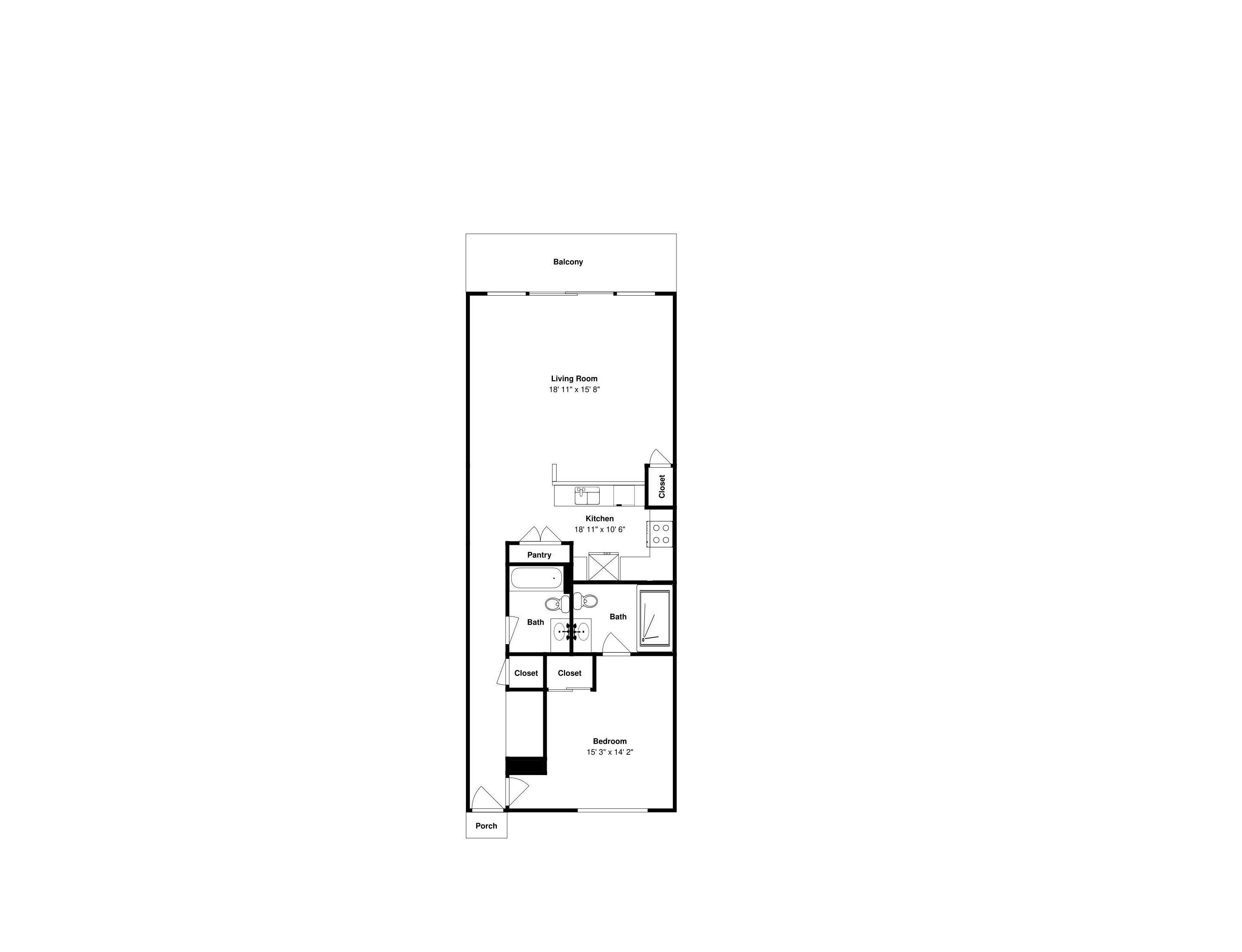 A floor plan of a hotel room with a balcony, living room, kitchen, bathroom, bedroom, and porch.