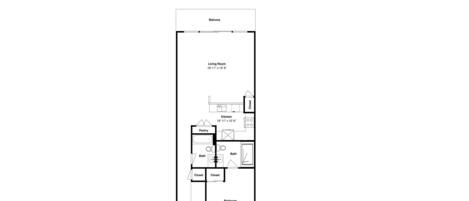 A floor plan of a hotel room with a balcony, living room, kitchen, bathroom, bedroom, and porch.