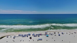 A beach with rows of beach chairs and umbrellas, a clear sky, and the ocean in the background. - Grand Panama Beach Resort - The Grand #1304 (Panama City Beach)