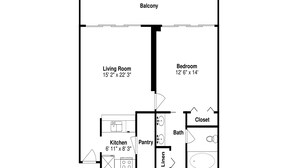 Een plattegrond van een huis met een balkon, woonkamer, slaapkamer, keuken, bijkeuken, badkamer en inloopkast.