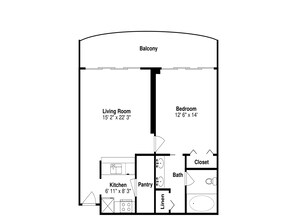Een plattegrond van een huis met een balkon, woonkamer, slaapkamer, keuken, bijkeuken, badkamer en inloopkast.