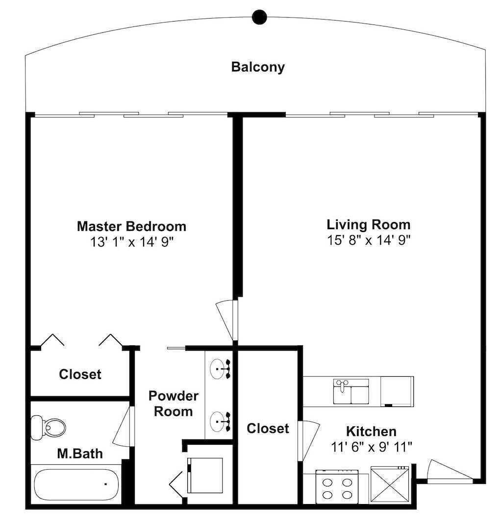 Planta baixa de uma casa com varanda, quarto principal, sala de estar, armário, banheiro de apoio e cozinha.
