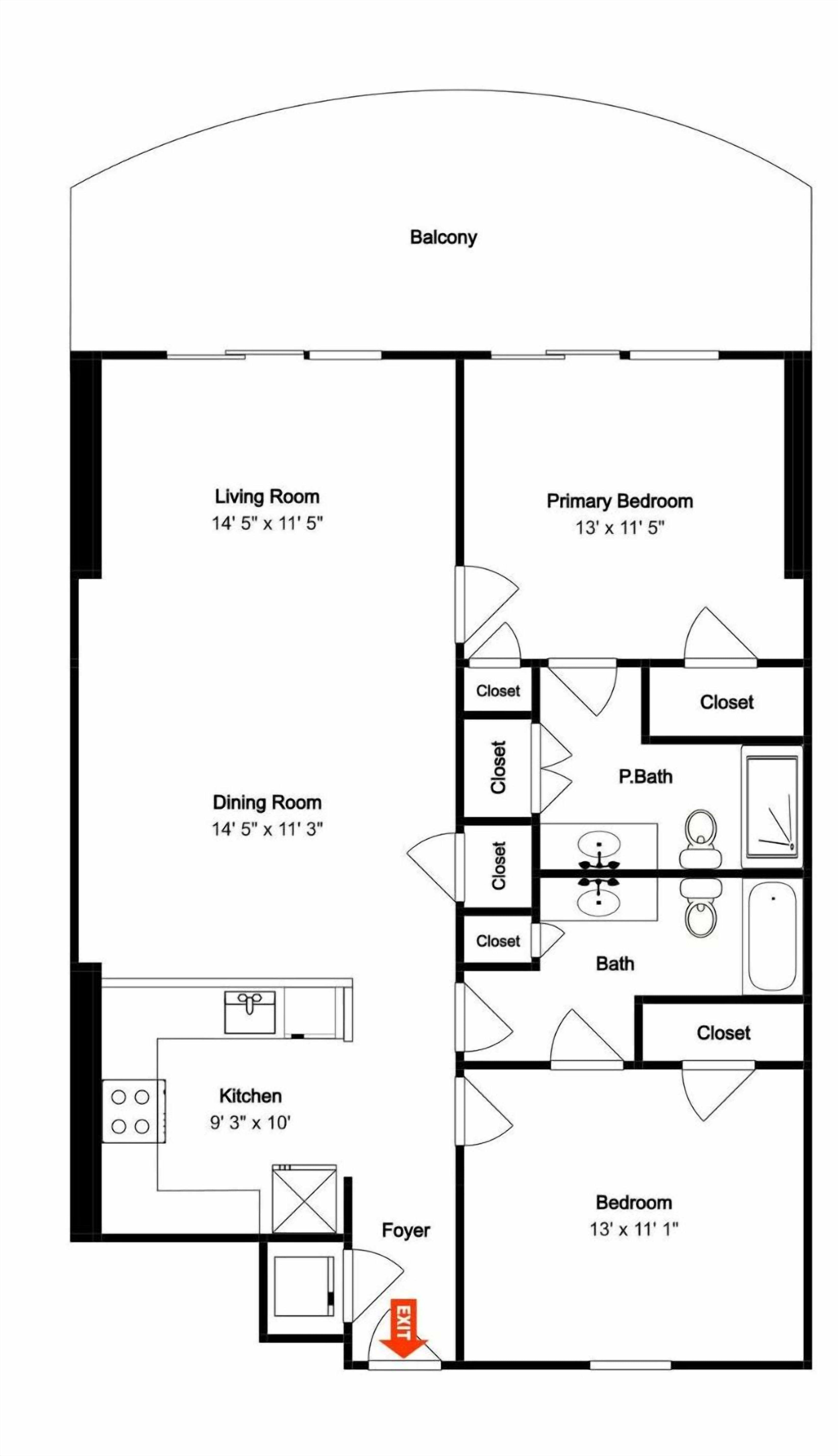 Plano de planta de una casa con balcón, sala de estar, comedor, cocina, dormitorio principal, dormitorio secundario, baño, vestíbulo y armarios.