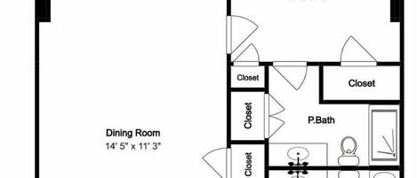 Plano de planta de una casa con balcón, sala de estar, comedor, cocina, dormitorio principal, dormitorio secundario, baño, vestíbulo y armarios.